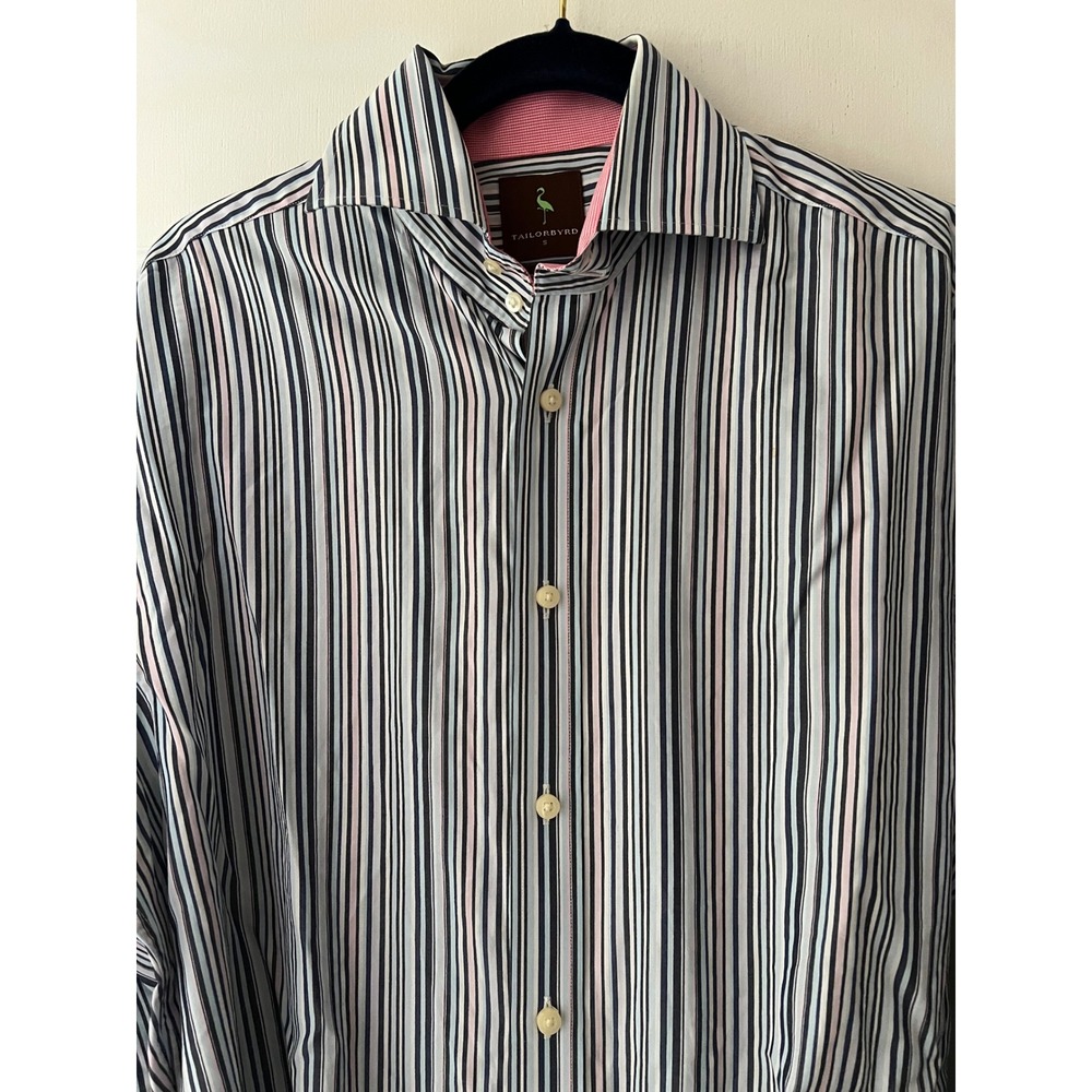 Tailorbyrd Mens Multi Color Striped 2 Ply Cotton Button Down Shirt Pink 44x29
